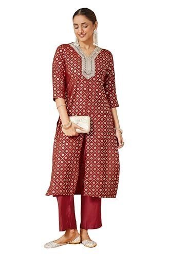 Janasya Women S Maroon Chanderi Silk Embellis