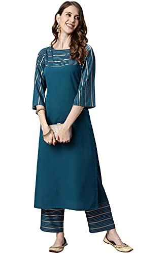 Janasya Women Teal Striped Printed Crepe Kurta Pal