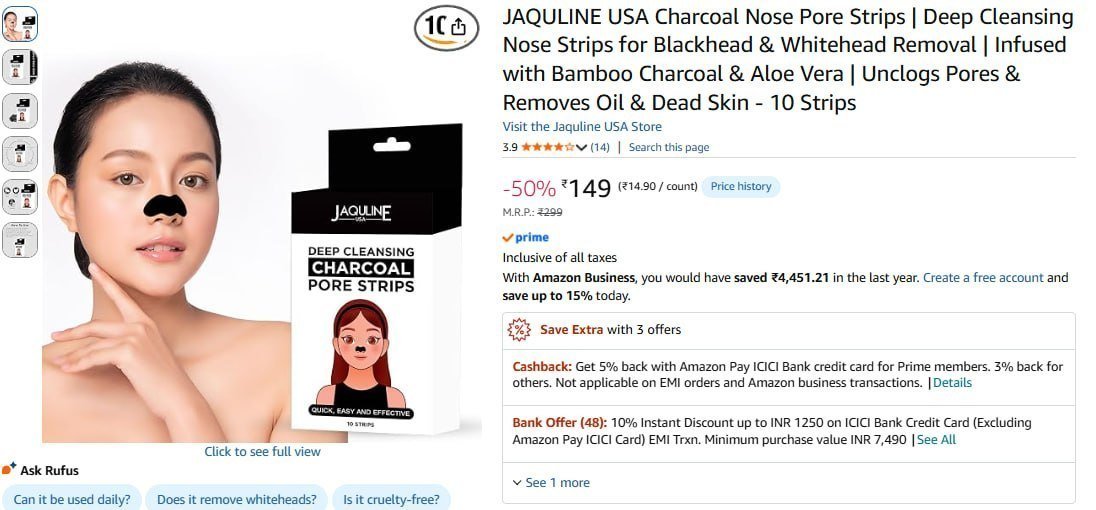 Jaquline Usa Charcoal Nose Pore Strips 10 Strips 1