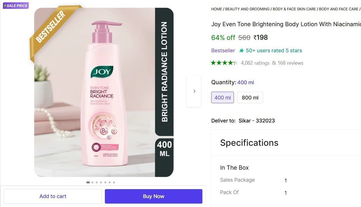 Joy Even Tone Brightening Body Lotion (400 Ml) 198