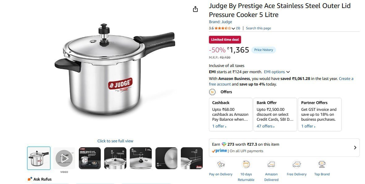 Judge By Prestige Pressure Cooker 5 Litre 136