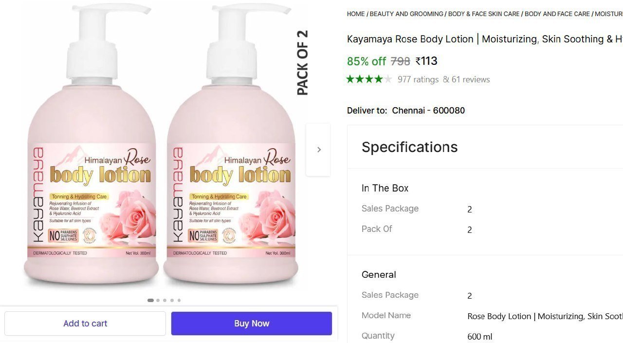 Kayamaya Rose Body Lotion Pack Of 2 (600 Ml) 113mo