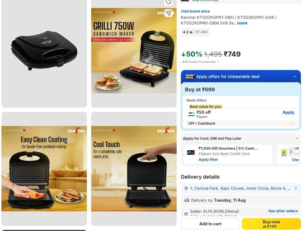 Kenstar 750w Grill Sandwich Maker 749