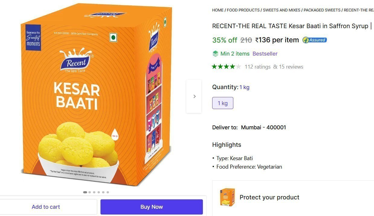 Kesar Baati In Saffron Syrup 1kg 136 Min Buy 