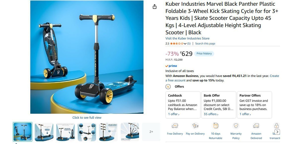 Kids 3-wheel Kick Skating Cycle 629 2 Colours