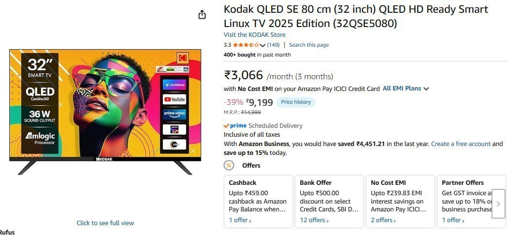 Kodak (32 Inch) Qled Hd Ready Smart Linux Tv 9199