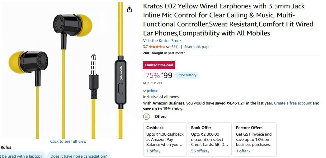 Kratos E02 Yellow Wired Earphones 99