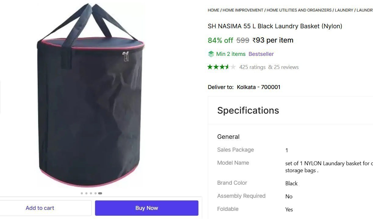 L Black Laundry Basket (nylon) 93 Min Buy - 2