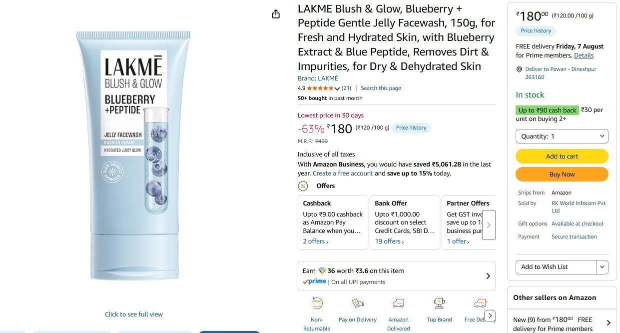 Lakm Blush Glow Blueberry Facewash 150g 180