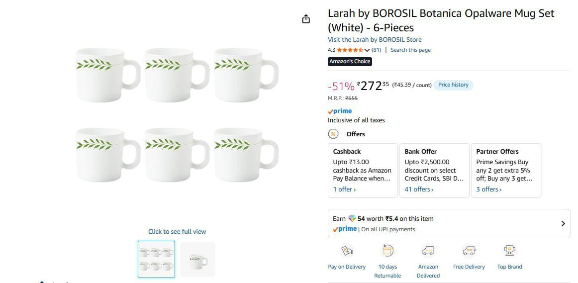 Larah By Borosil Mug Set 6 Pcs 272