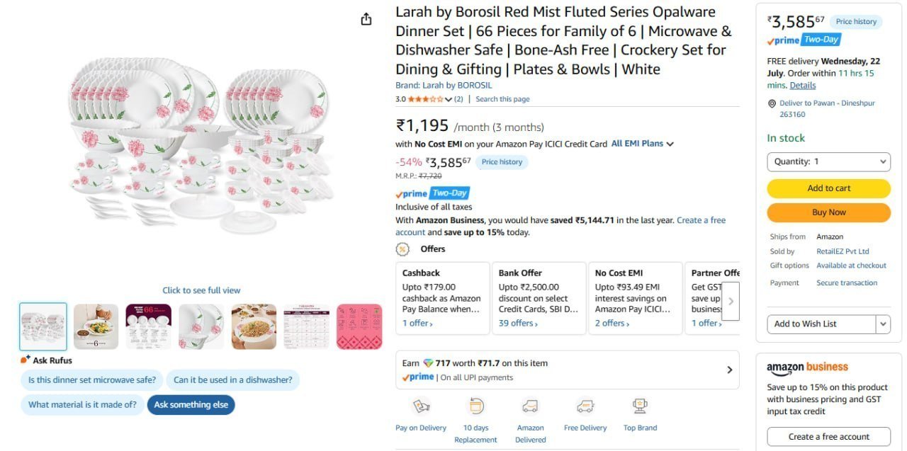 Larah By Borosil Opalware Dinner Set Of 66 Pieces 