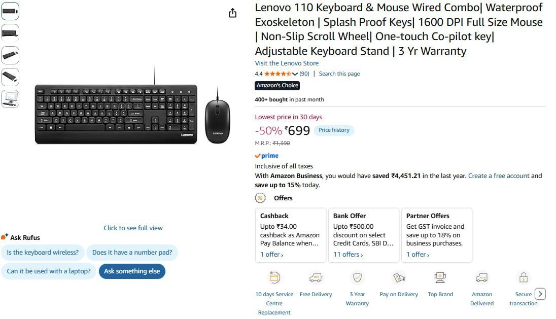 Lenovo Keyboard Mouse Wired Combo 699