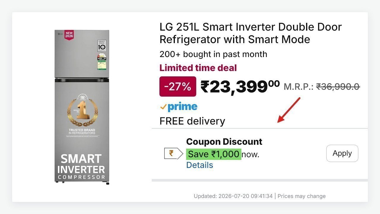 Lg 251l Smart Inverter Double Door Refrigerator With Smart Mode For 23