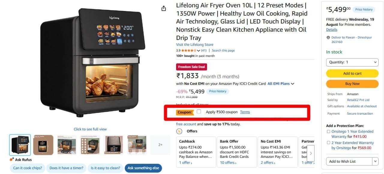 Lifelong 10l Air Fryer 4999 500