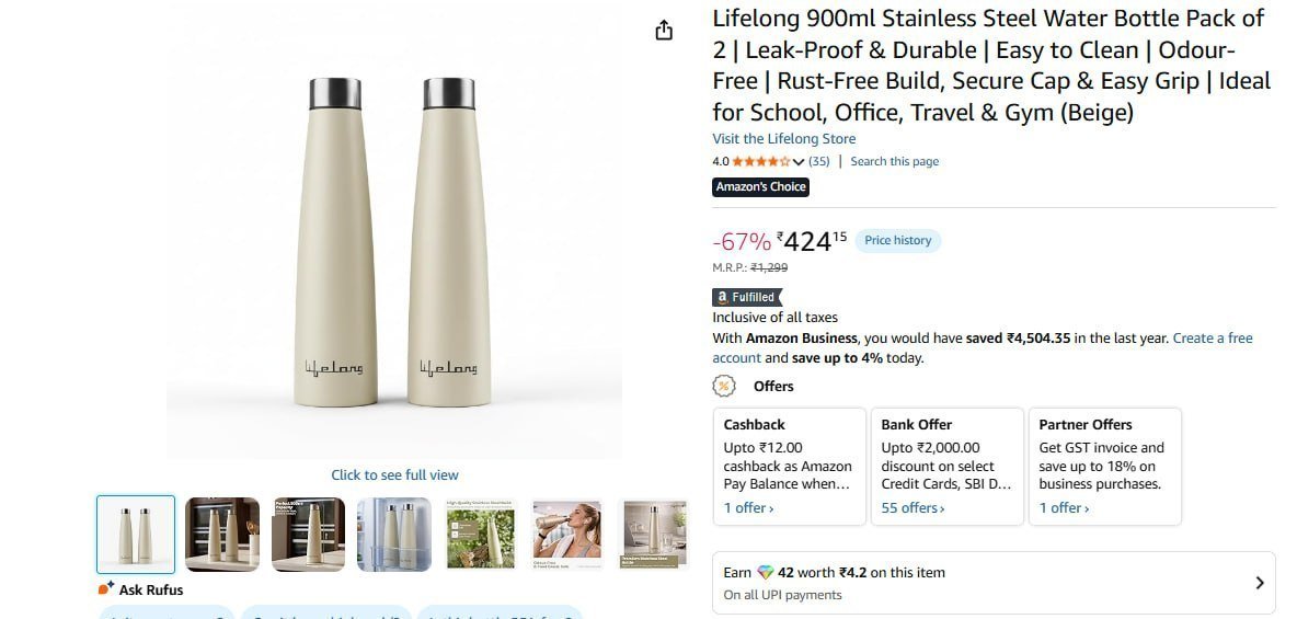Lifelong 900ml Stainless Steel Water Bottle S