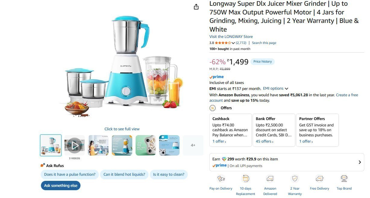 Longway Super Dlx Juicer Mixer Grinder 1499