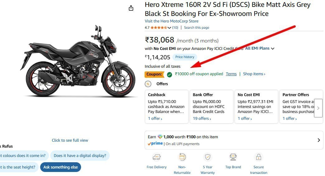 Loot Hero Xtreme 160r Bike 90 325flat 10 000 