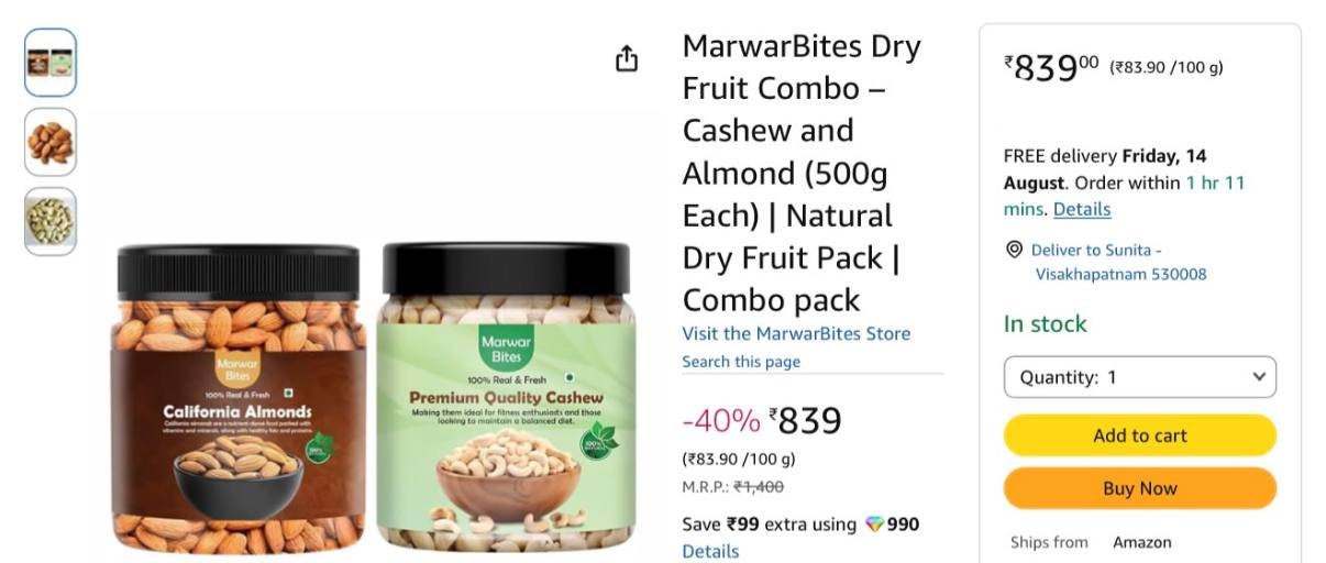 Loottt Fasttt Cashew Almond Combo Pack 1kg (500g C