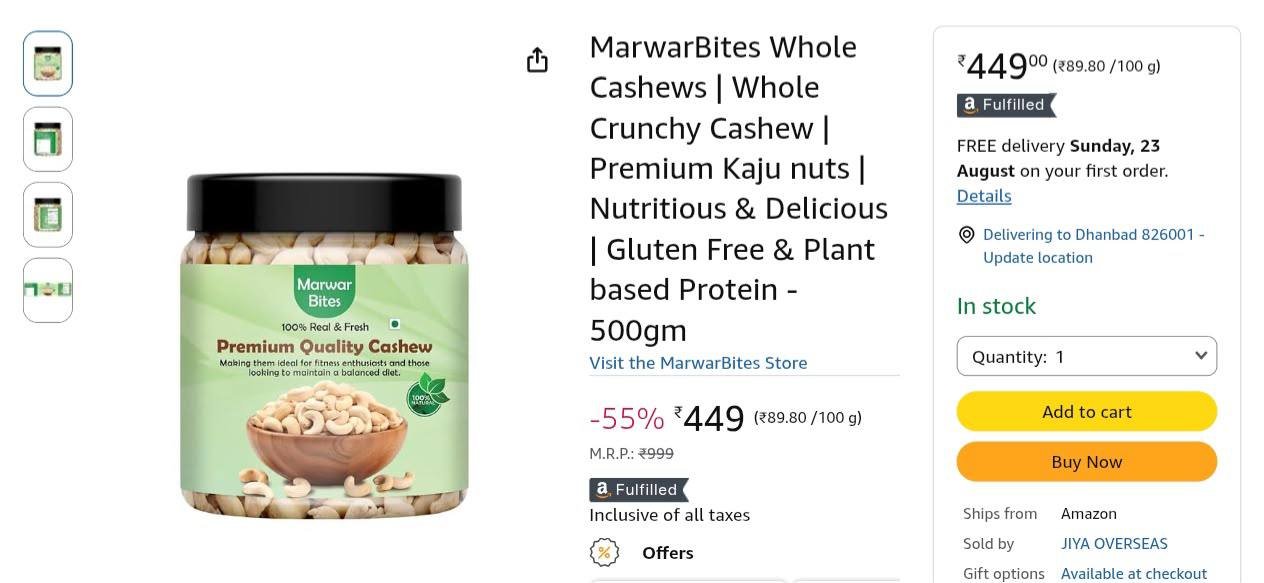 Loottt Fasttt Loo Premium Whole Cashews 500g Premi