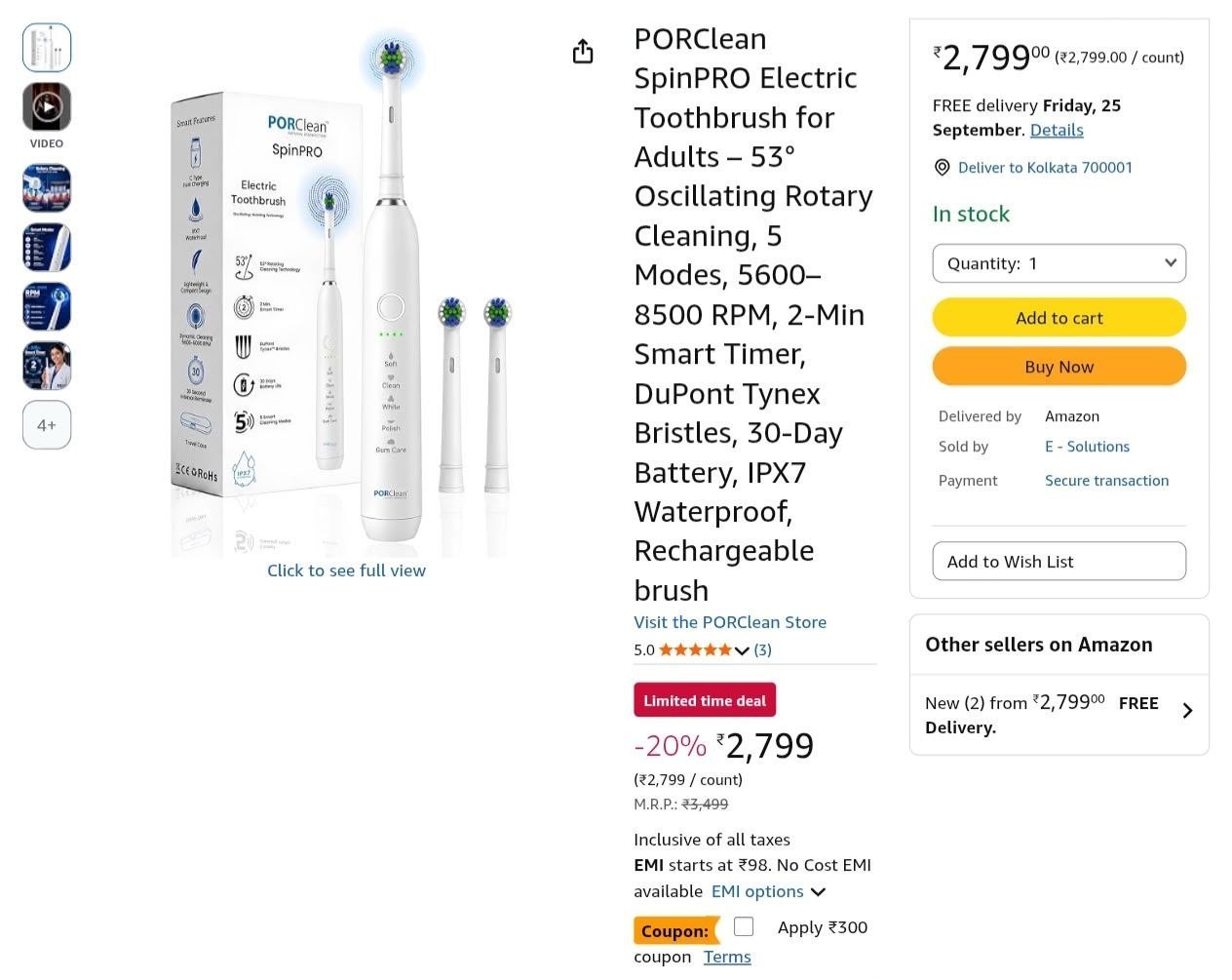 Loottt Fastttloot Porclean Spinpro Electric Toothbrush For Adults 2 499 5 C