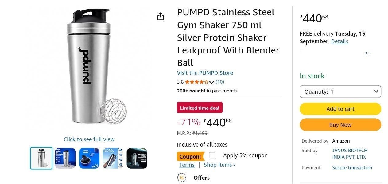 Loottt Fastttloot Stainless Steel Gym Shaker 750ml