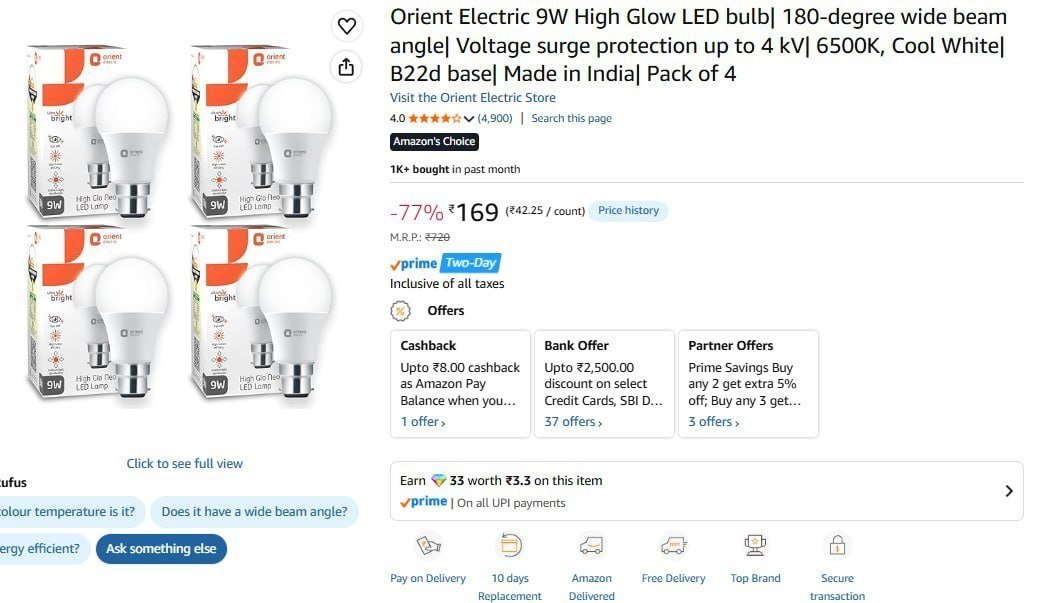 Lowest Orient Electric 9w Led Bulb (pack Of 4