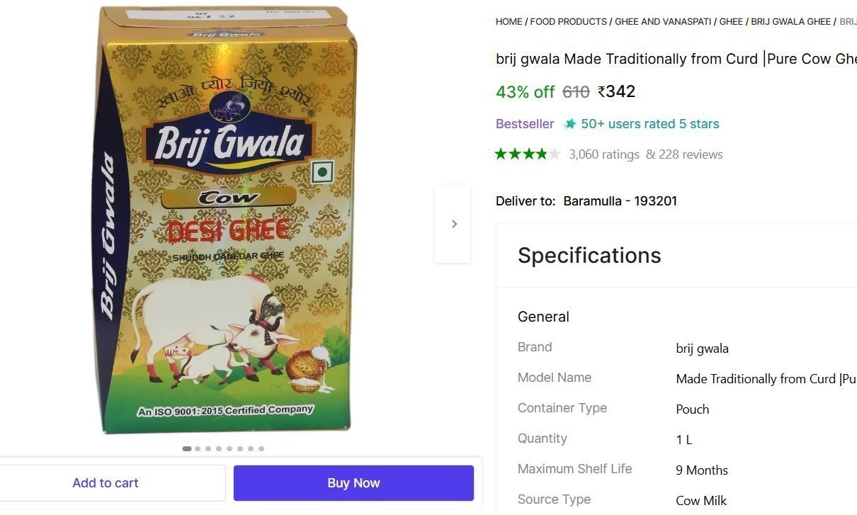 Ltr Pure Cow Ghee 342