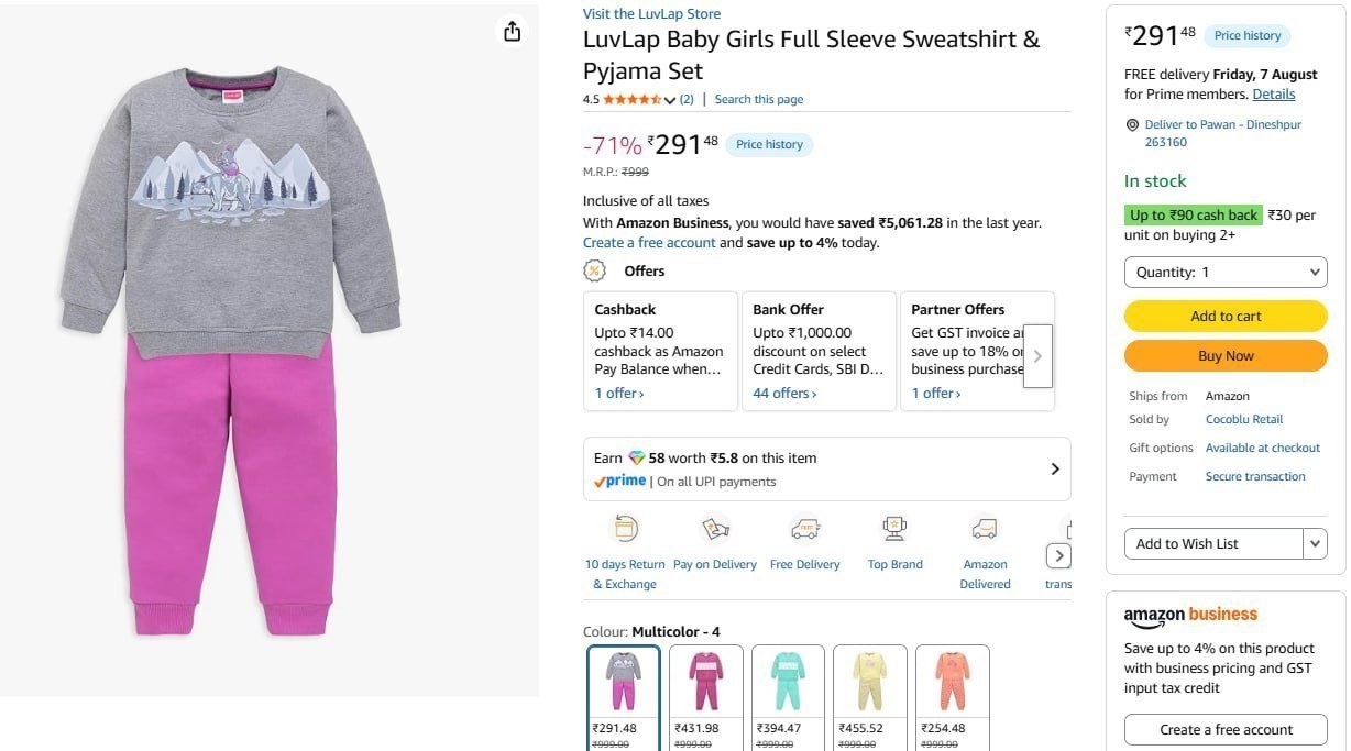 Luvlap Girls Sweatshirt Pyjama Set244 254 291