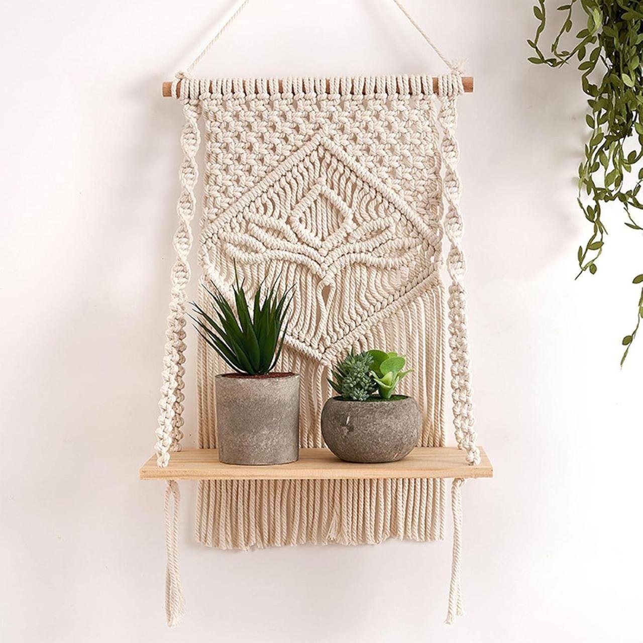 Macrame Indoor Wall Hanging Shelf Chic Decor Wood 