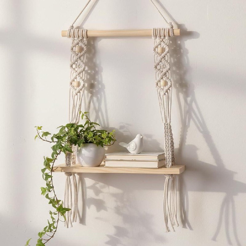 Macrame Wall Hanging Shelf Wood Floating Shelves With Wooden Dowel offer on Deals Heaven