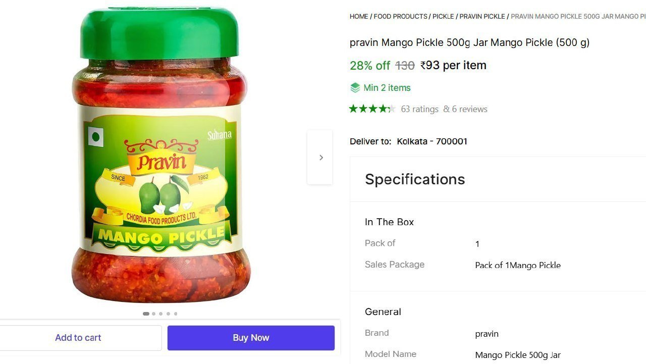 Mango Pickle (500 G) 93min Buy - 2