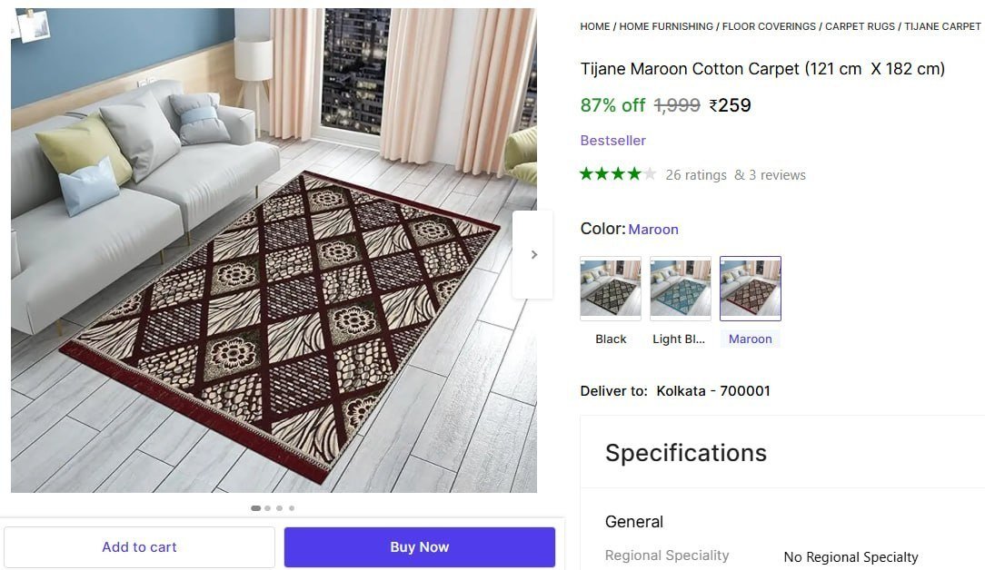 Maroon Cotton Carpet (121 Cm X 182 Cm) 259