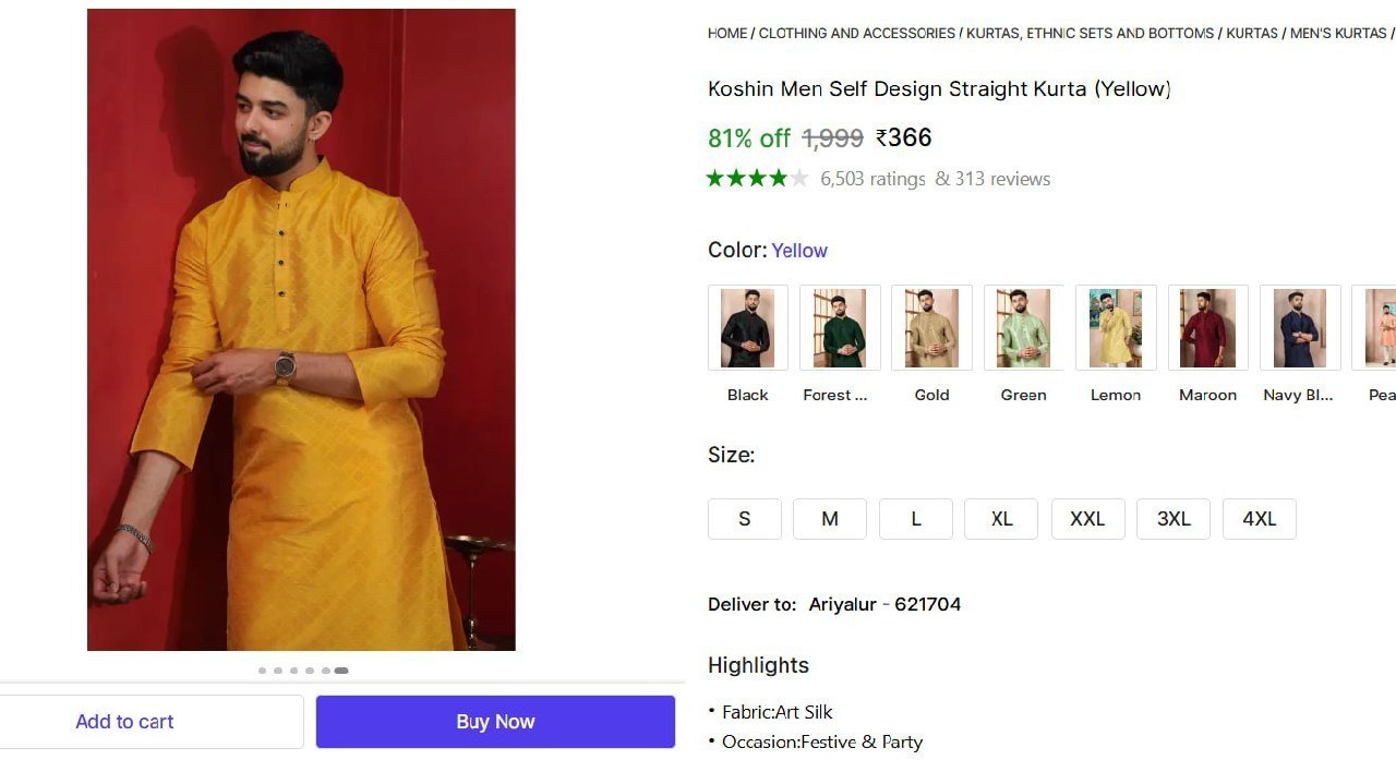 Men S Block Print Straight Kurta At 366 Men S