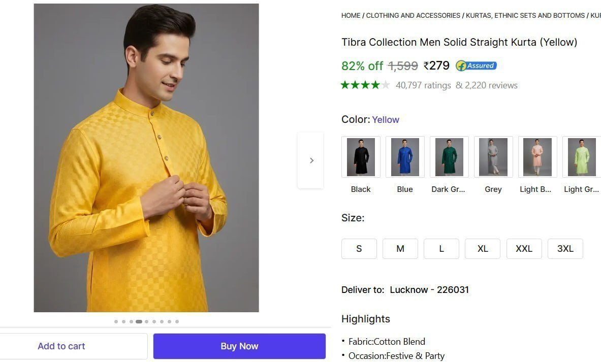 Men S Cotton Blend Kurta At 279 14 Colors Ava
