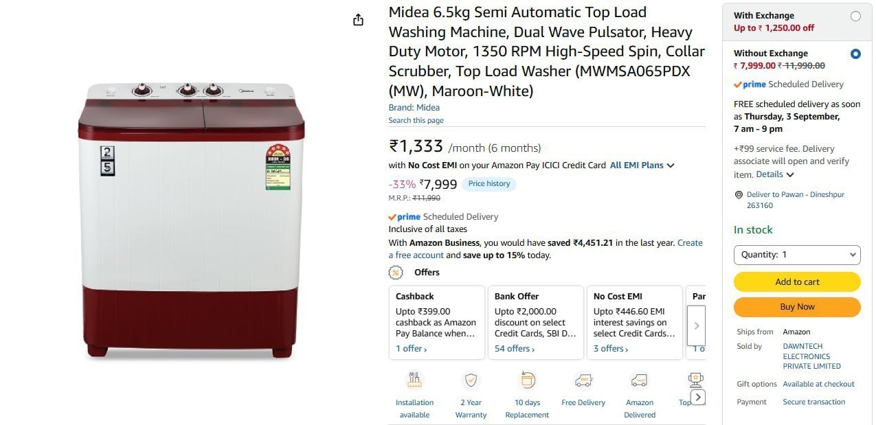 Midea 6 5kg Semi Automatic Top Load Washing Machin