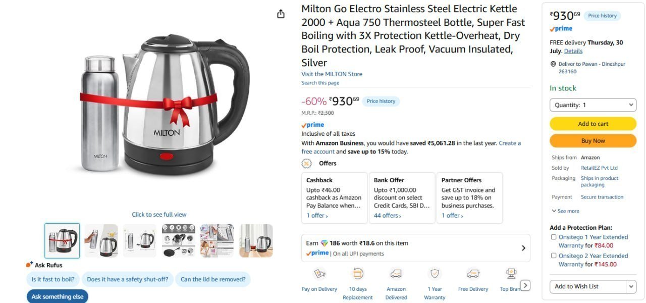 Milton Electric Kettle 2l Aqua 750 Thermosteel Bot