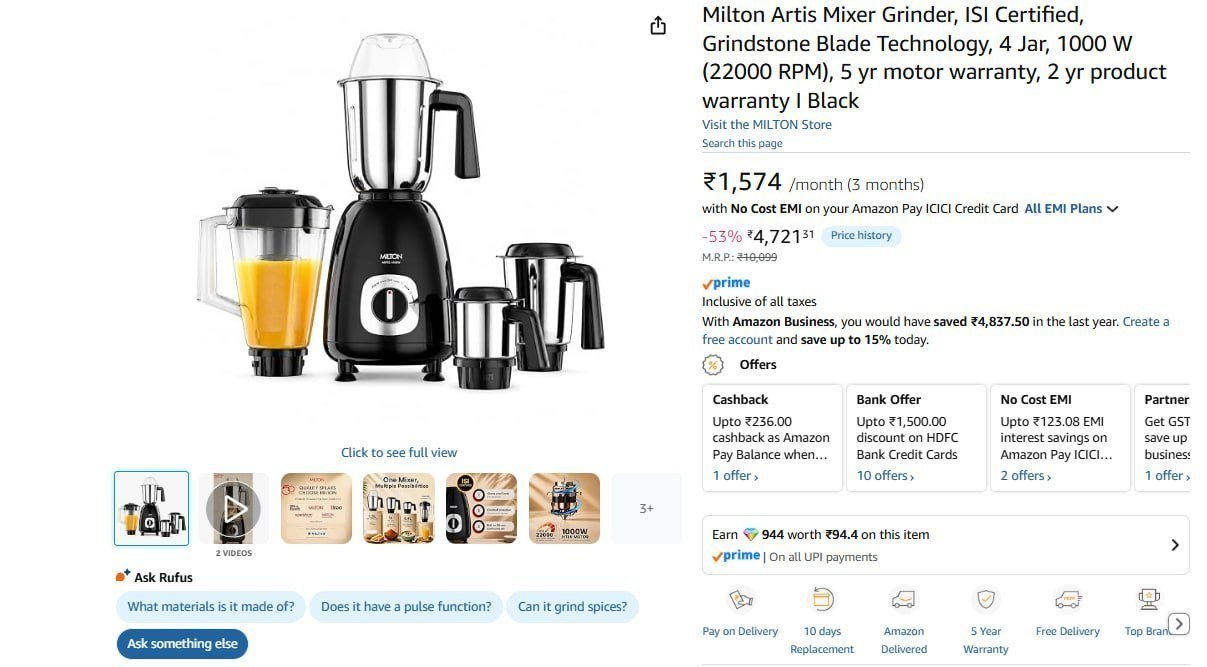 Milton Mixer Grinder 1000 W 4721