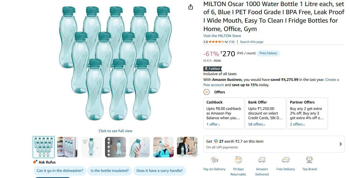 Milton Oscar Water Bottle 1 Ltr Each Set Of 6