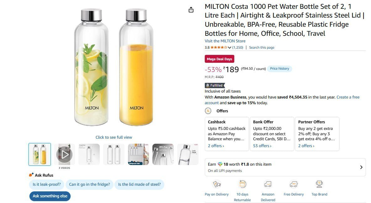 Milton Water Bottle Set Of 2 1l Each 189