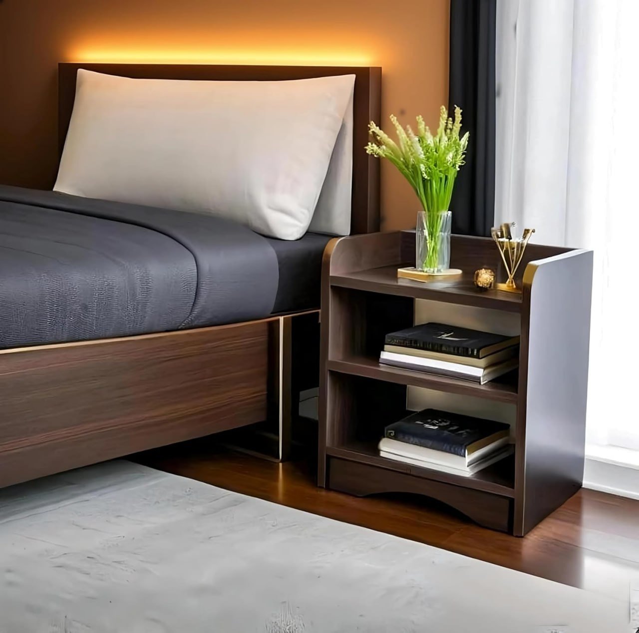 Modern Bedside Table With 3 Shelves Wooden Or