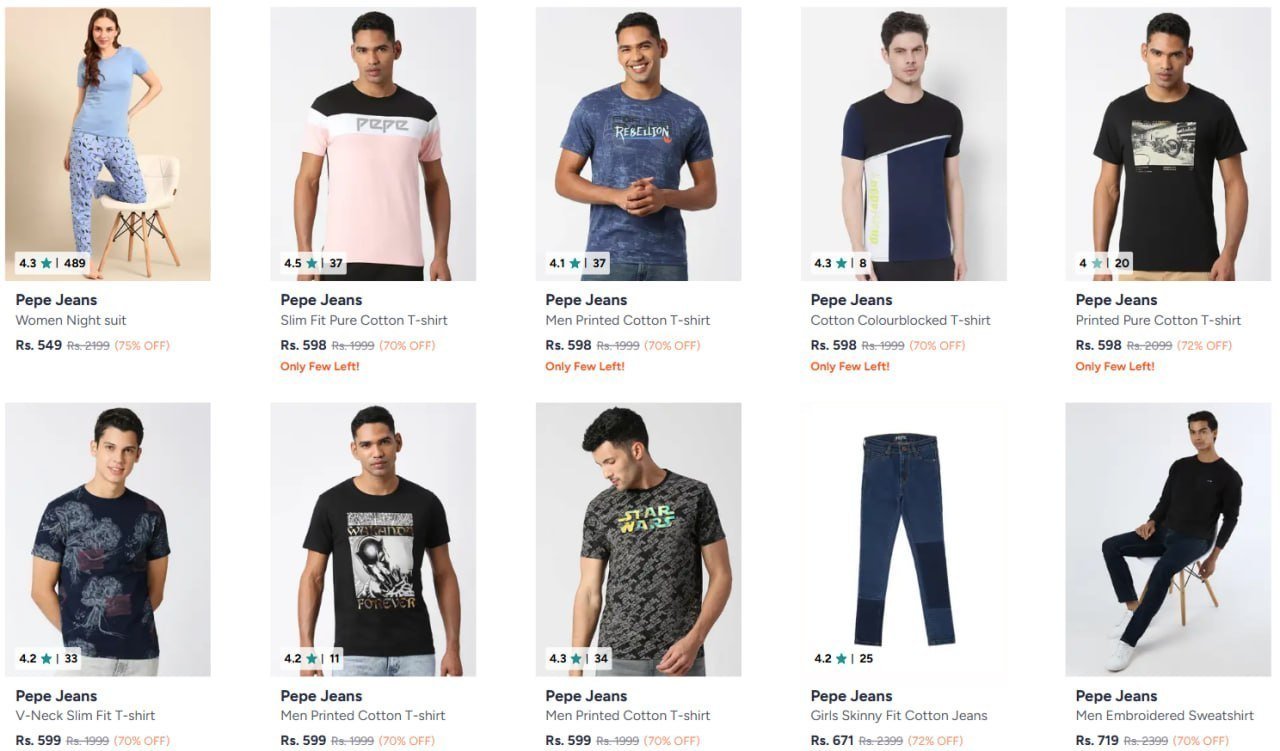 Myntra 70-75 On Pepe Jeans Clothing
