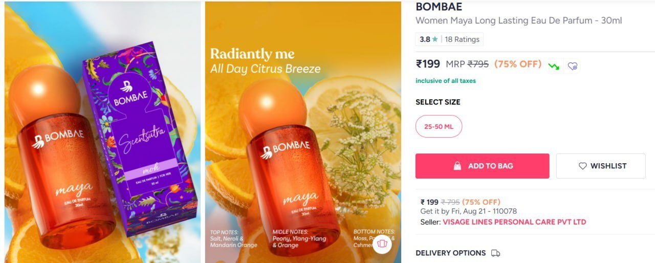 Myntra 75 On Bombae Perfume 30ml At Rs 199