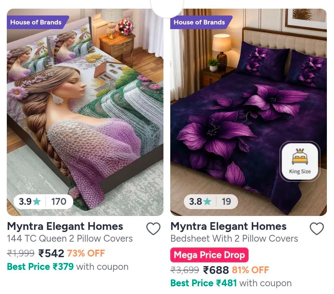 Myntra 7d Digital Print Bedsheets Starting 43