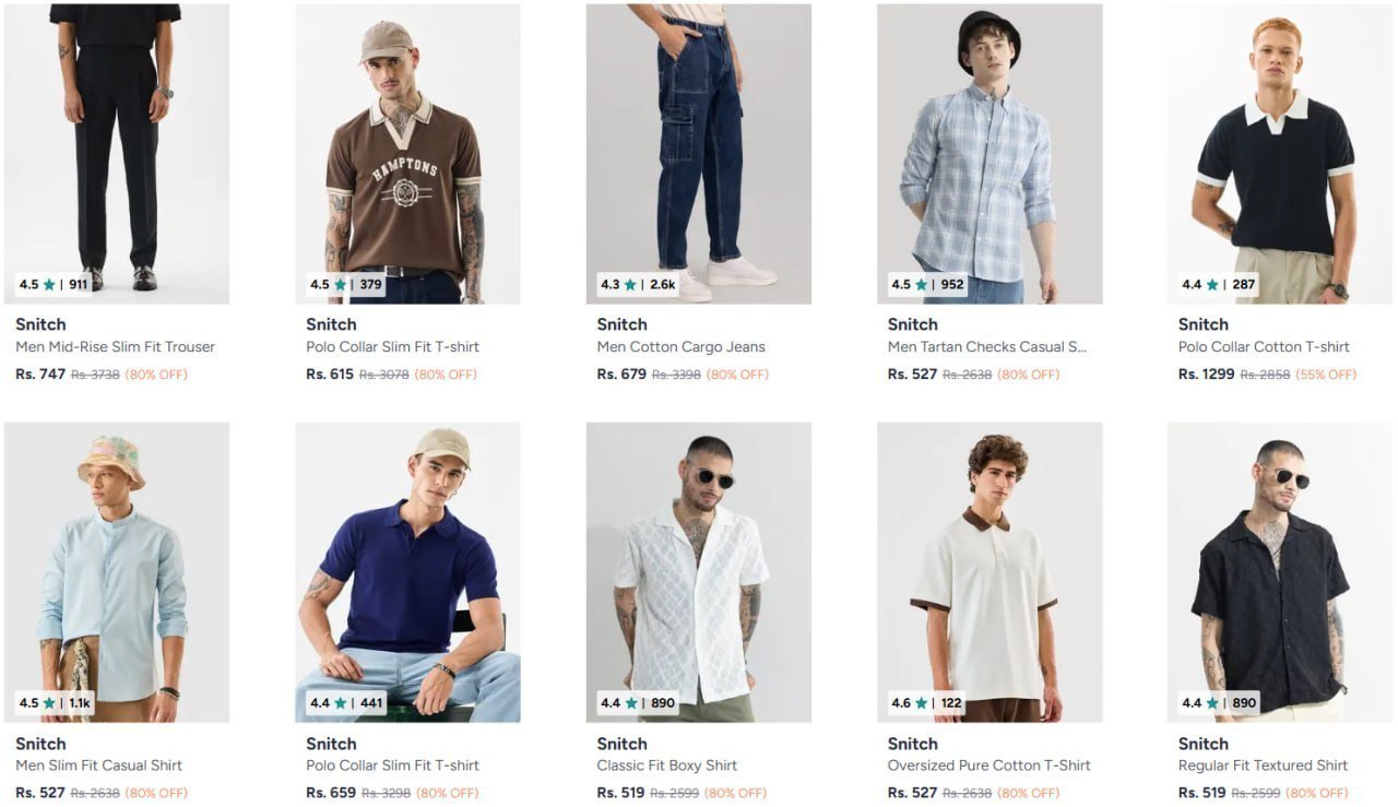 Myntra 80 On Snitch Clothing Filtered Under 1