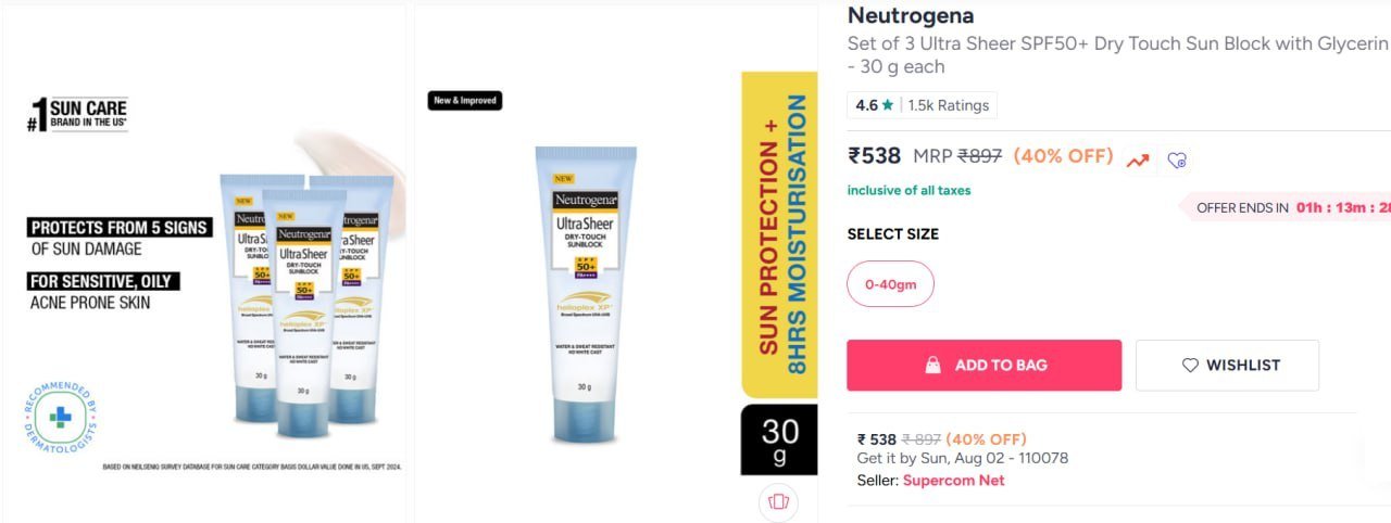 Myntra Neutrogena Set Of 3 Ultra Sheer Spf50 
