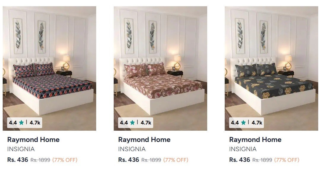 Myntra Raymond Home Bedsheets Under 499 Portico Bedsheets - Min 50