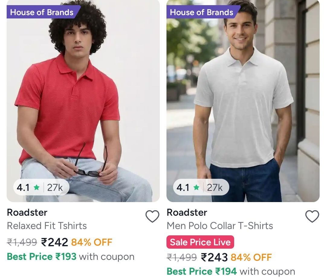 Myntra Roadster Men Polo T-shirts Starts 242