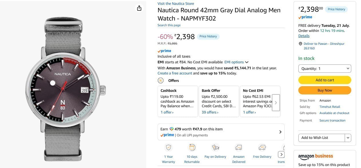 Nautica Round 42mm Gray Dial Analog Men Watch