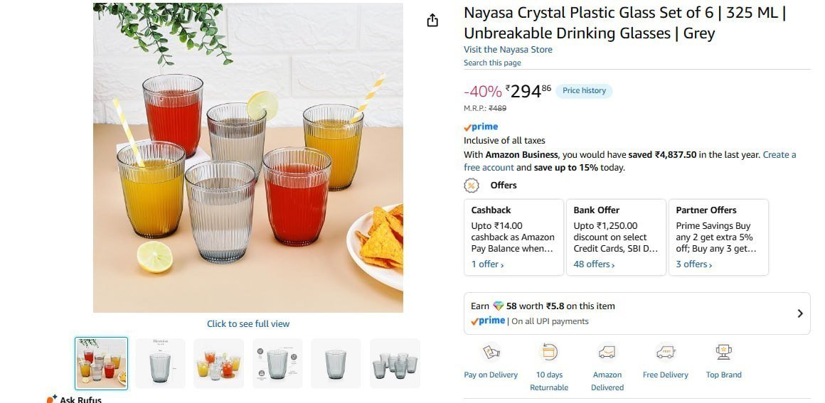 Nayasa Crystal Plastic Glass Set Of 6 (325ml)