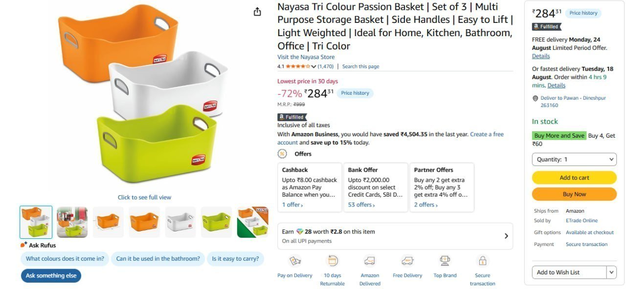 Nayasa Tri Colour Passion Basket Set Of 3 284